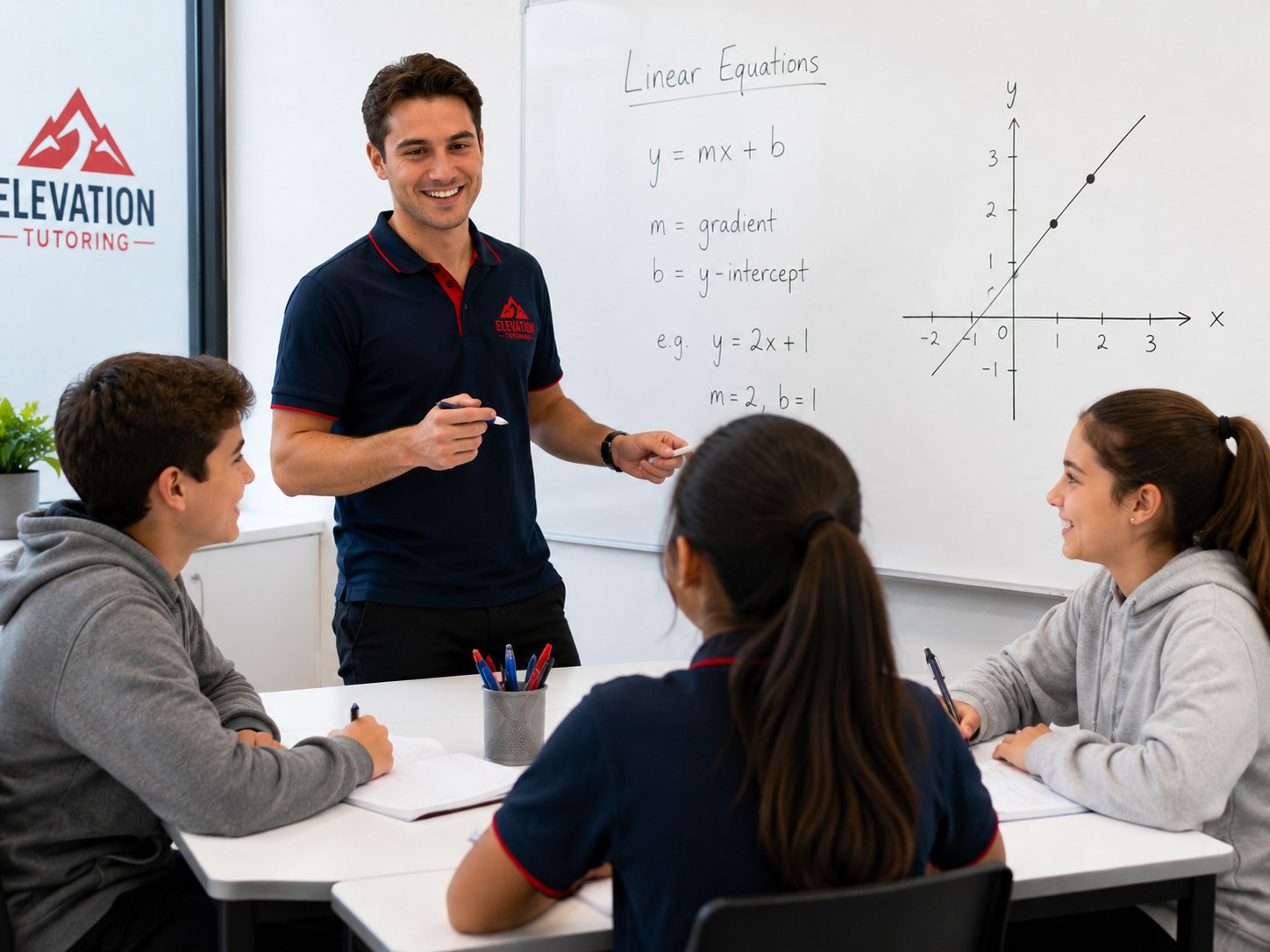 Maths tutor teaching a small group near a whiteboard