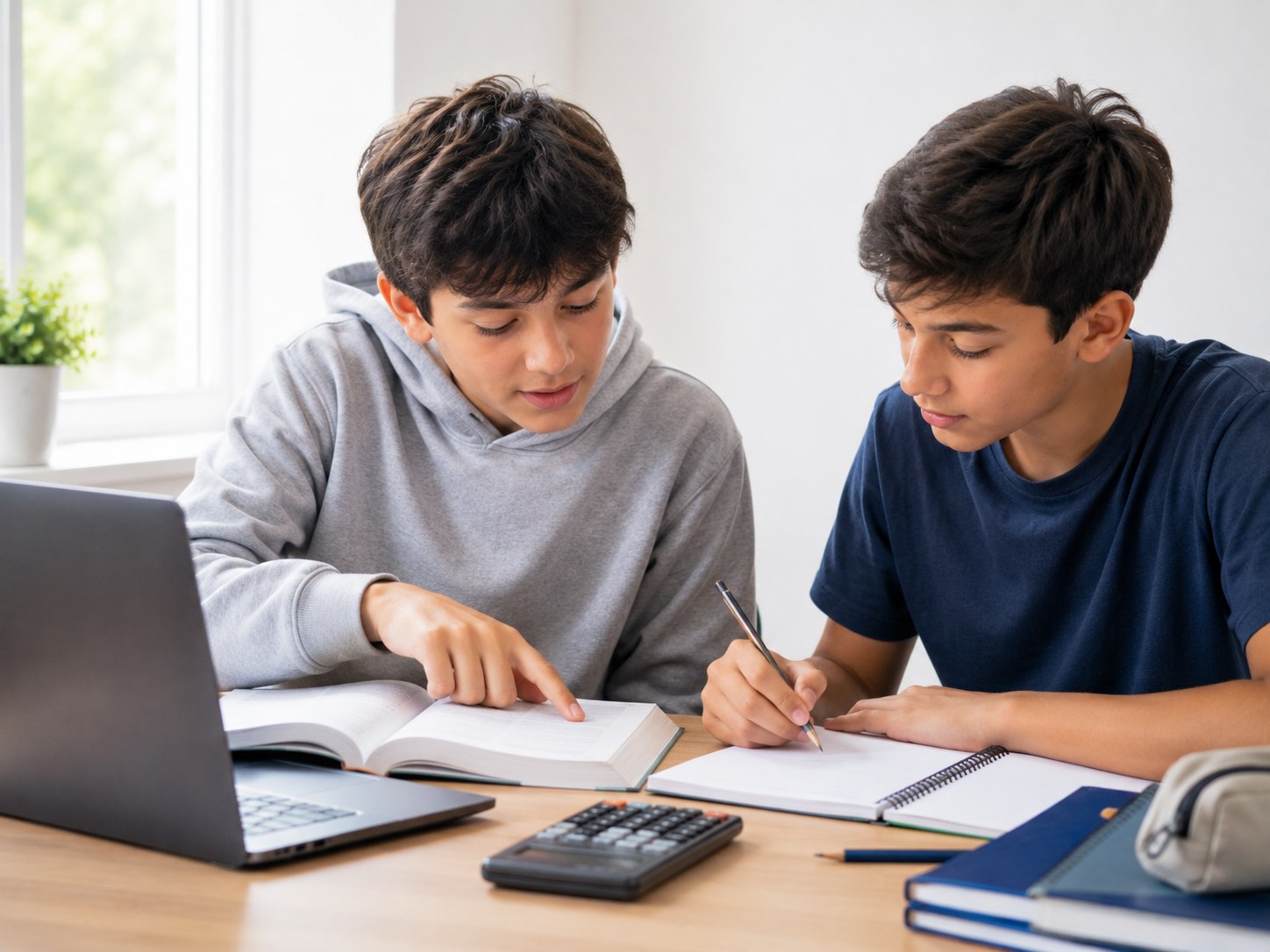 Two students studying together with a calculator and books