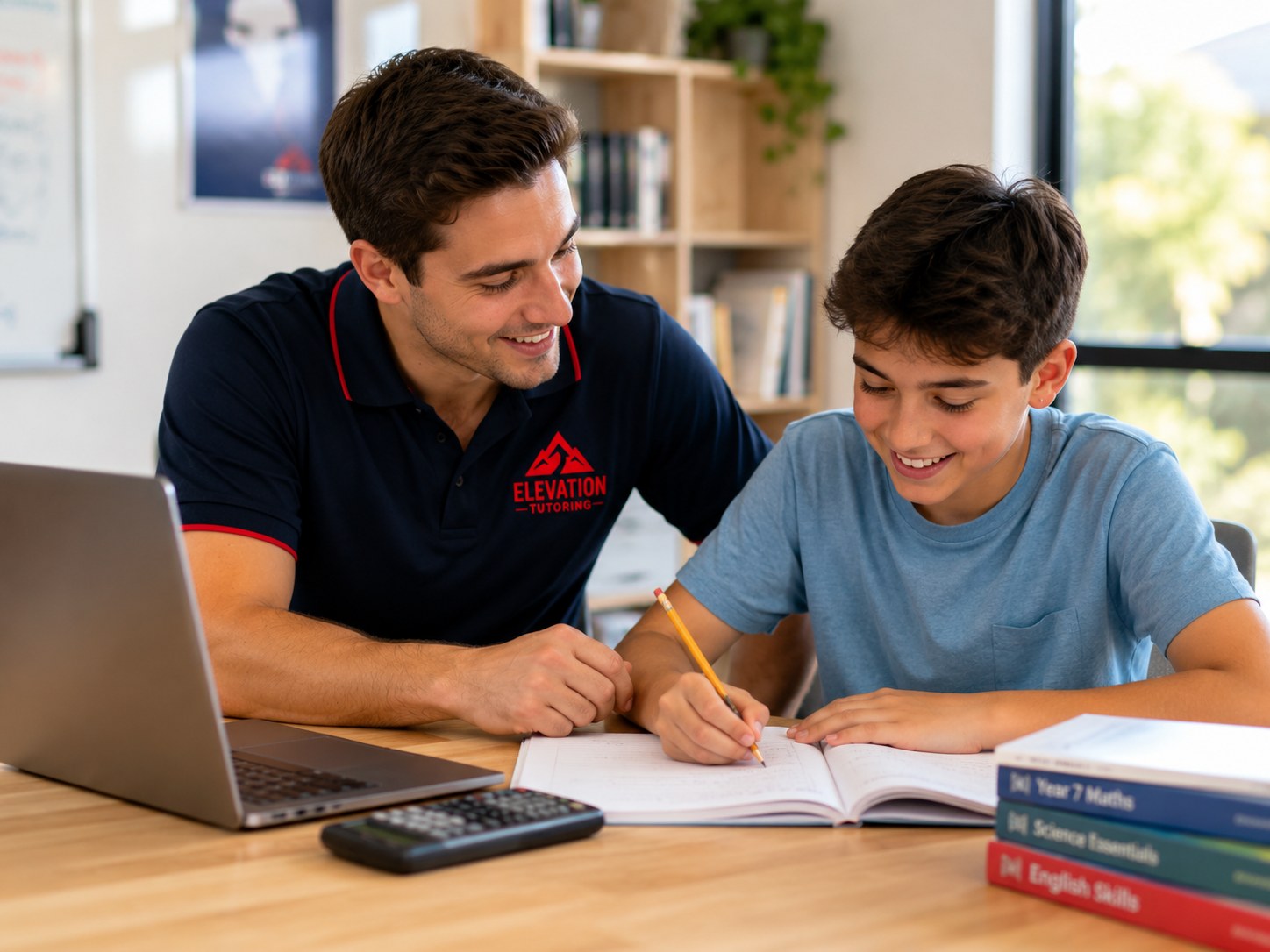 A tutor helping a Year 7 student with maths in a bright study space